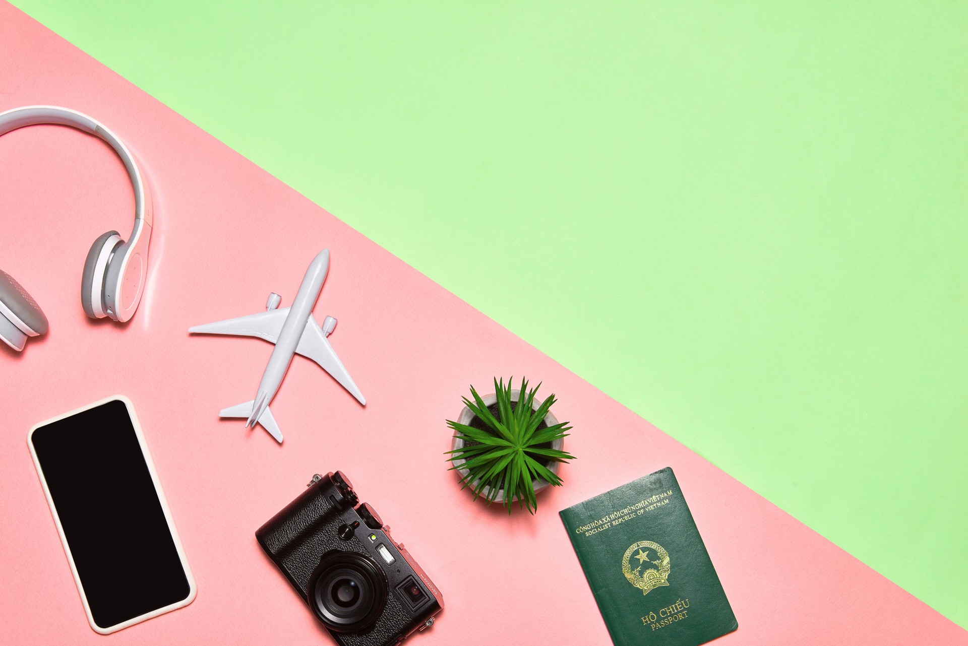 Different objects for traveling on color background. Top view.