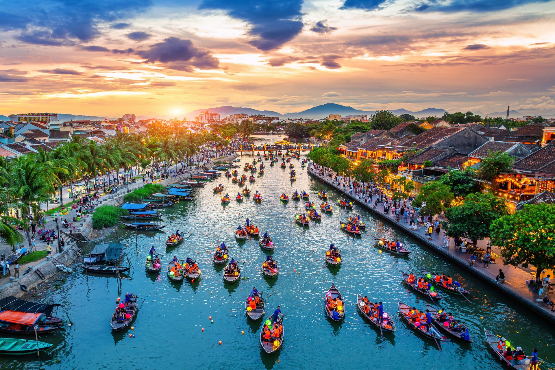 Aerial view of Hoi An ancient town at twilight, Vietnam.