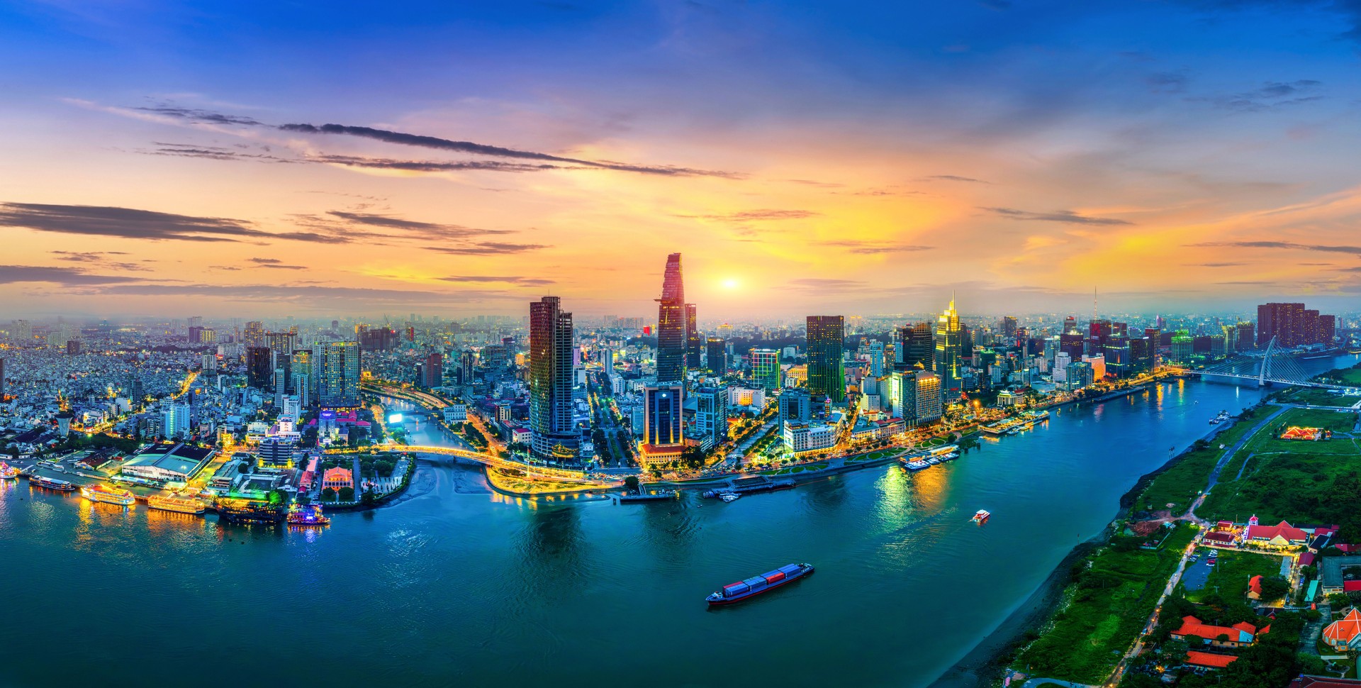 Panoramic of Ho chi minh city or Saigon city at twilight in Vietnam.