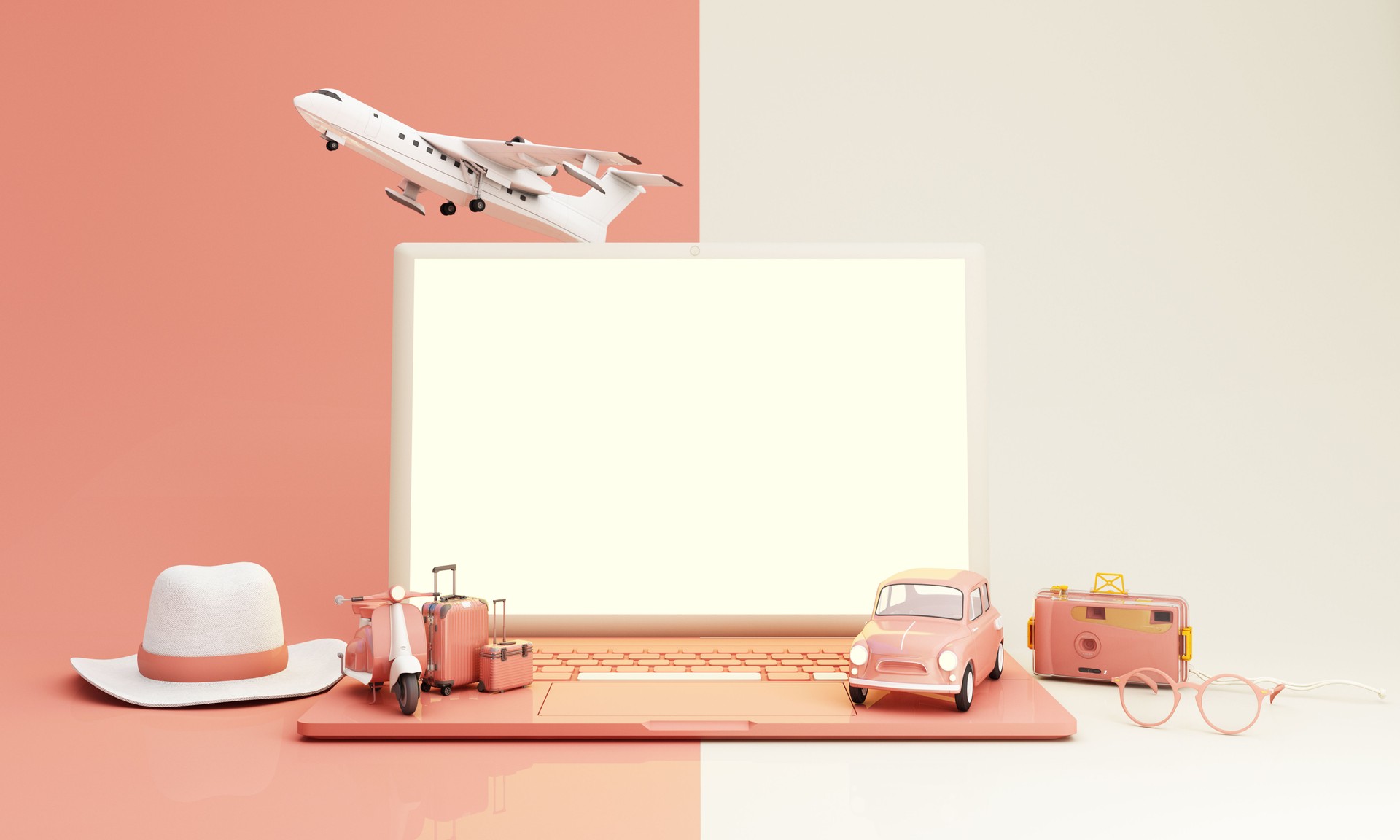 Travel and adventure and departure concept In summer, laptop screen surrounded by luggage, camera, sunglasses, hat with scooter car airplane. pink and white tones 3d render illustration