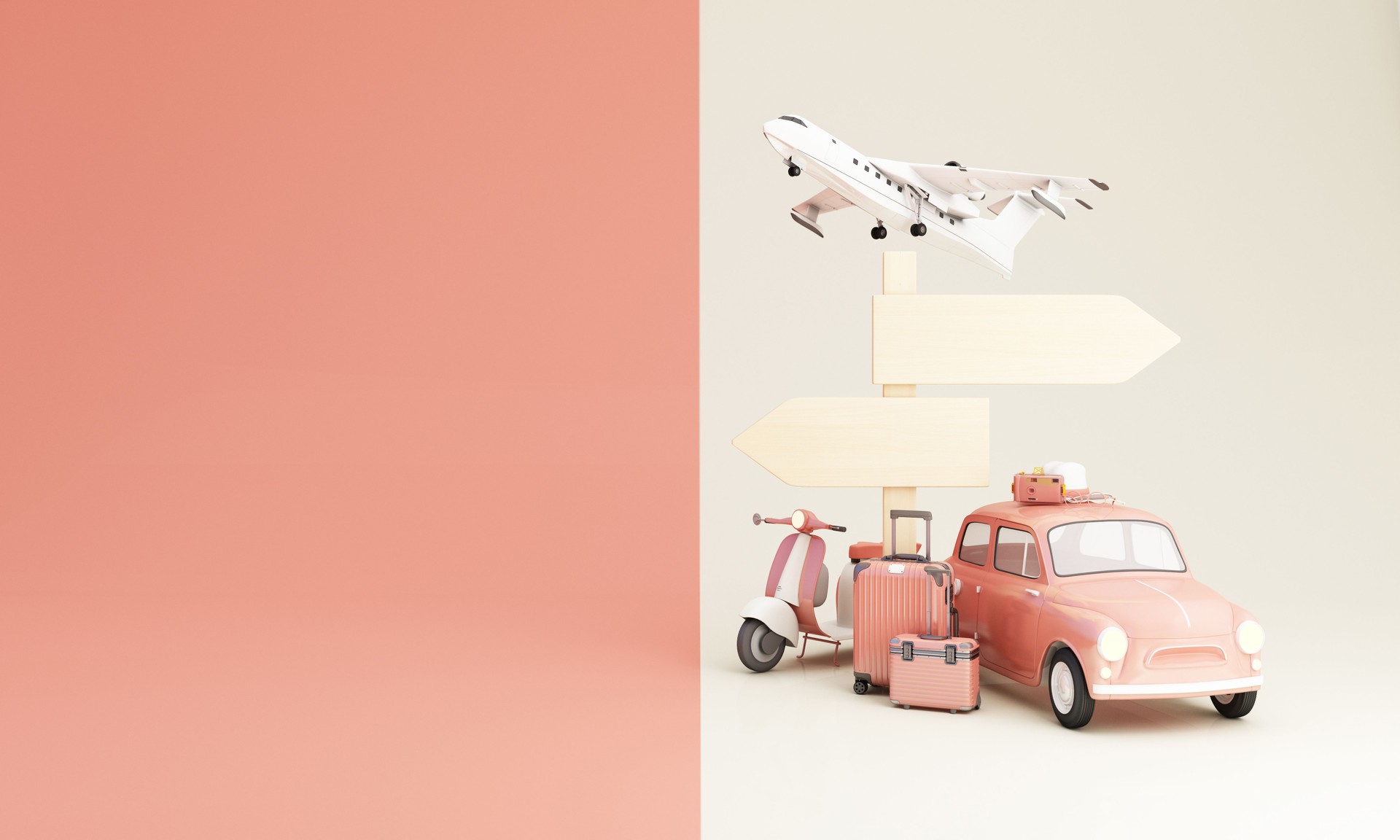 Travel and adventure and departure concept In summer, surrounded by luggage, camera, sunglasses, hat with road signs destination scooter car airplane. pink and white tones 3d render illustration