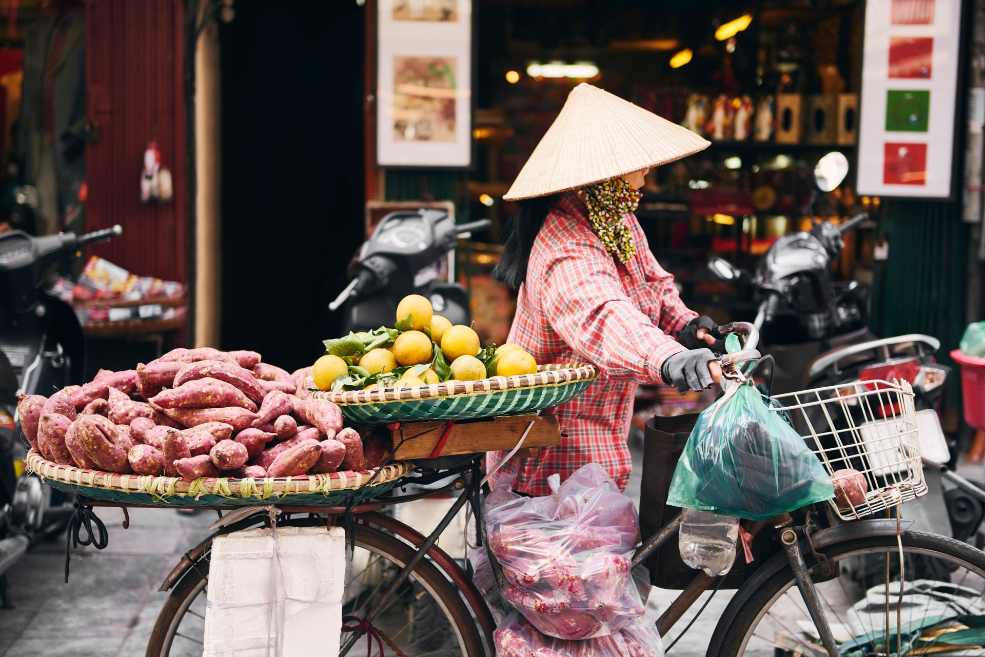 Woman Wearing Hat Selling Fruits On Bicycle In City