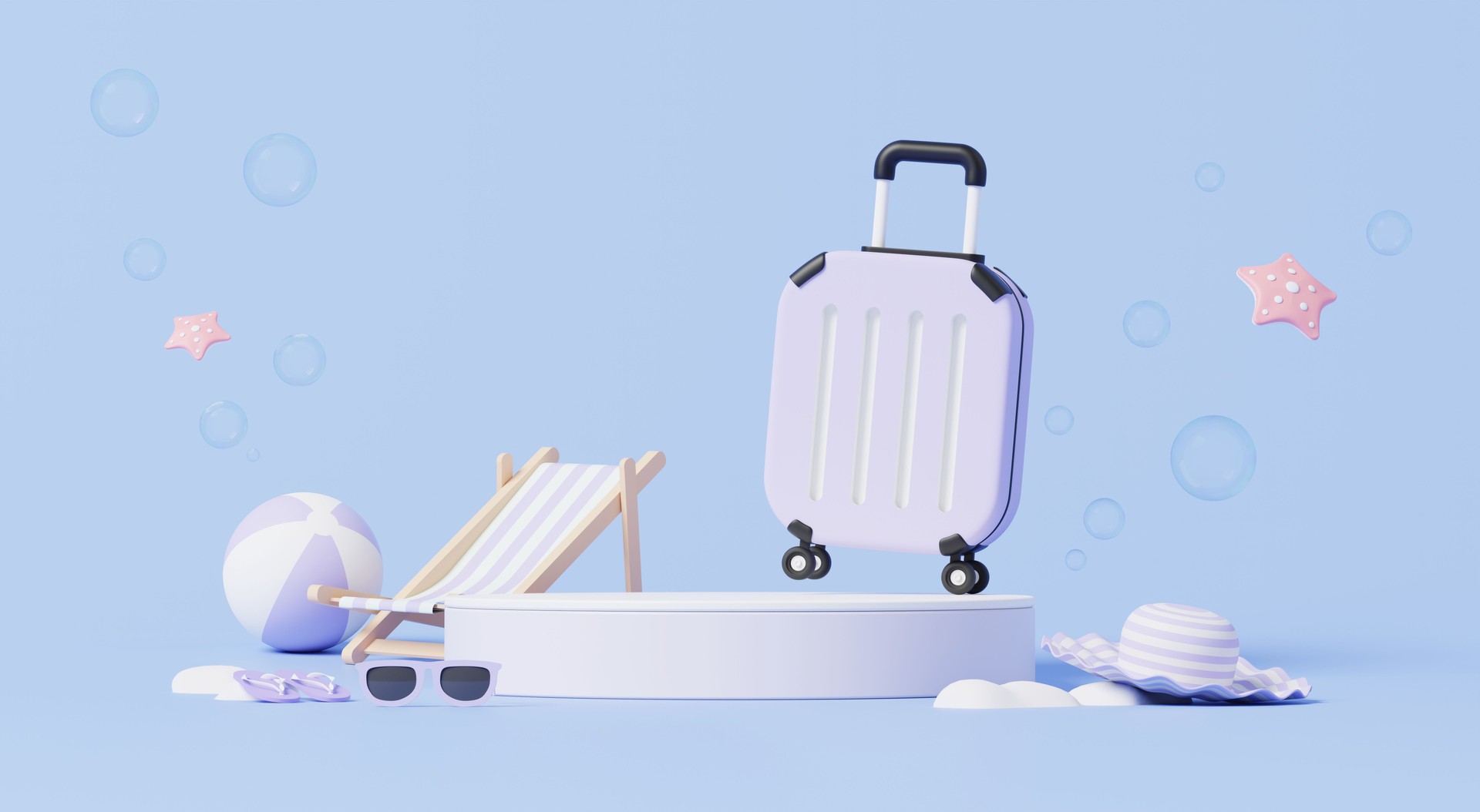 3D render, minimal pastel summer concept with podium for mock up and cute luggage, beach chair and ball in purple theme background.