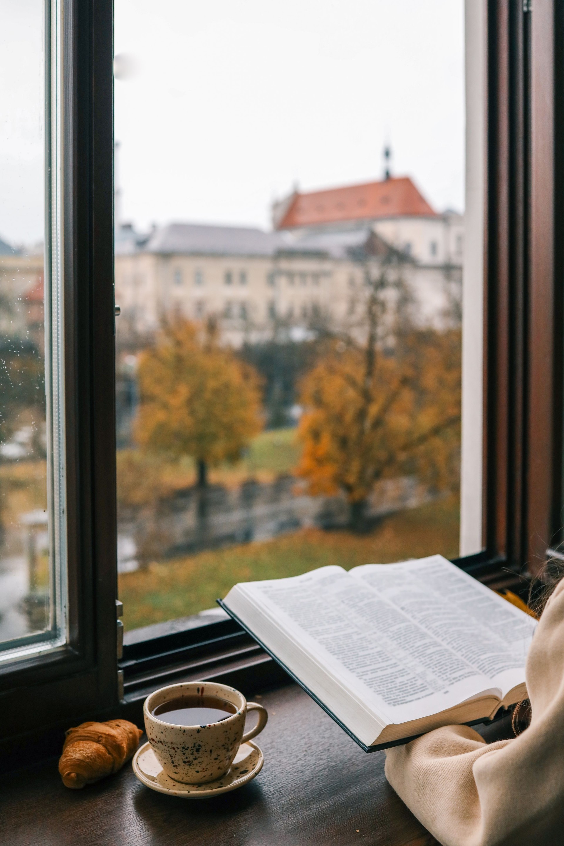 Person sitting by a window reading a Bible with a cup of coffee and a croissant on the windowsill, overlooking a rainy autumn park